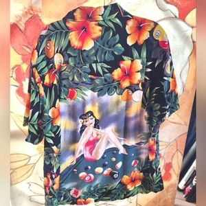 70s KENNINGTON Pool Balls Billiards Vtg Pin Up Girl Hibiscus Hawaiian Shirt EVC